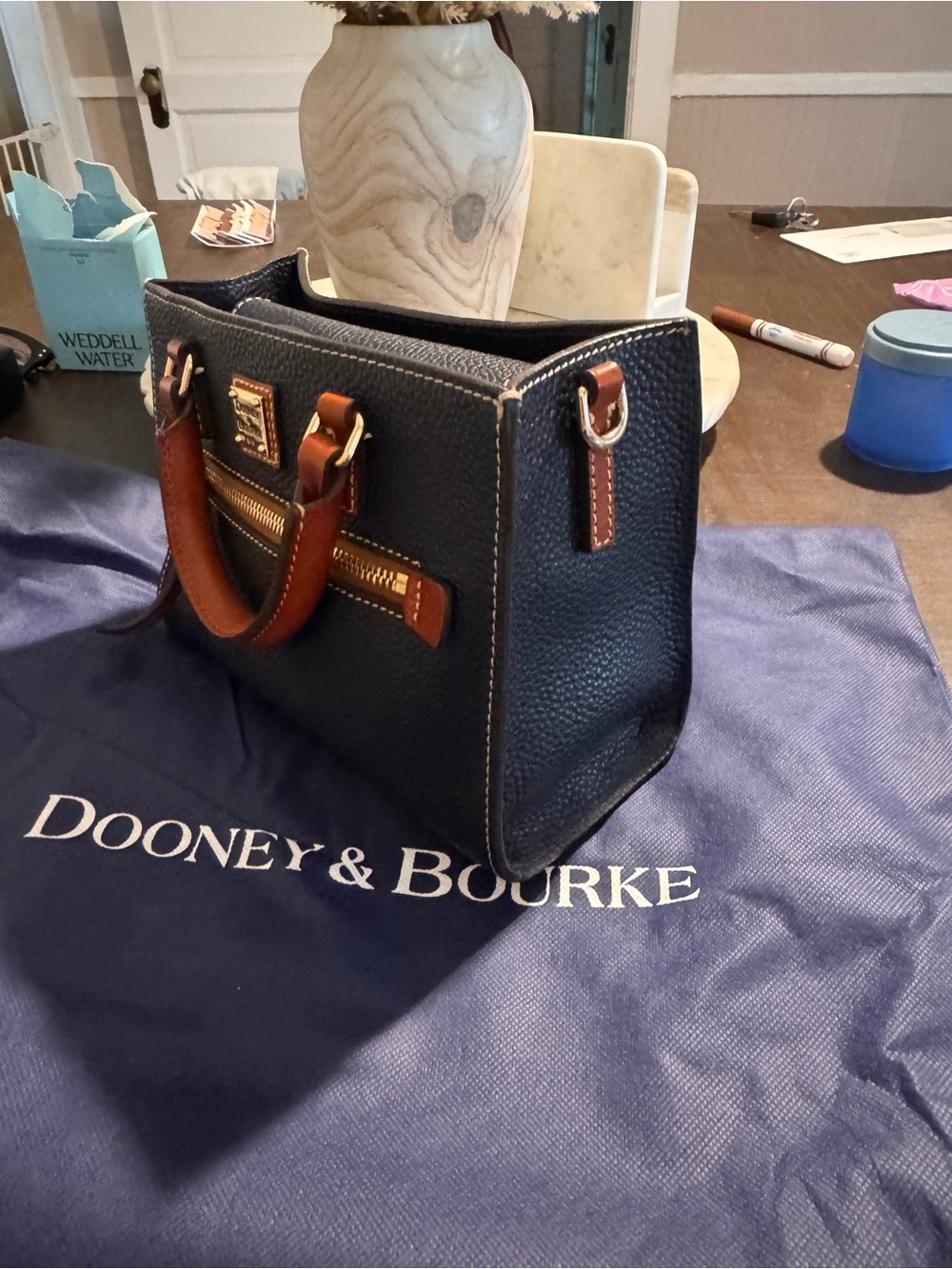 Dooney & Bourke Navy Pebble Grain Mini Zip Satchel with Tan Trim - Picture 3 of 4